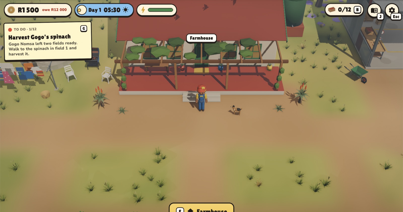 The farmer stands on the stoep of Gogo Nomsa's farmhouse at dawn, with a dog nearby. The to-do note says: harvest Gogo's spinach.